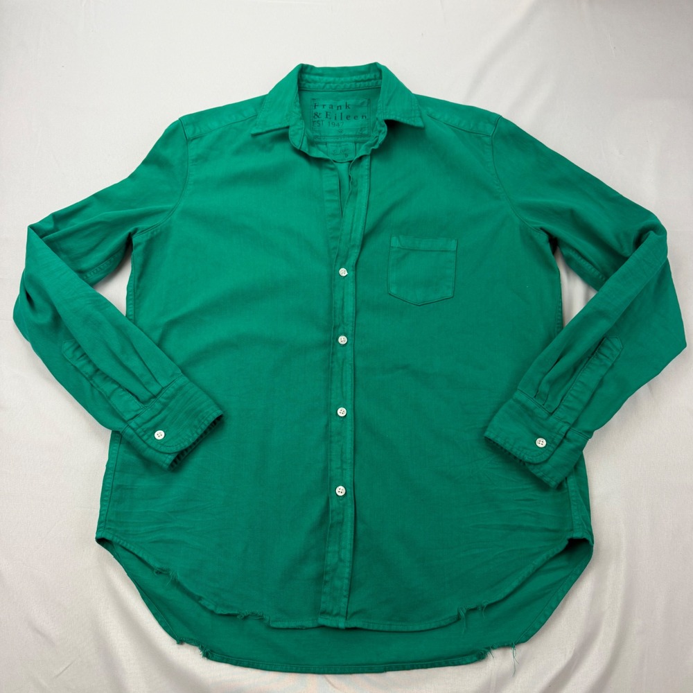 Frank & Eileen Eileen Button Down Women XS Green Italian Cotton Raw Hem Shirt